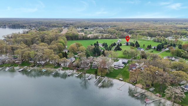 aerial view featuring a water view and a view of trees