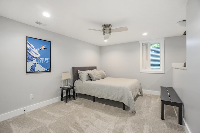 carpeted bedroom with visible vents, baseboards, ceiling fan, and recessed lighting