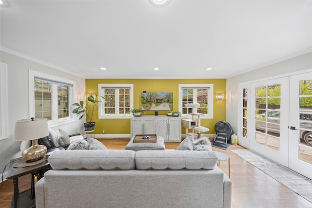 33 Sylvan Ave, Pleasant Ridge, MI 48069 - living room with ornamental molding, baseboards, french doors, and recessed lighting