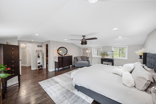 33 Sylvan Ave, Pleasant Ridge, MI 48069 - bedroom featuring visible vents, baseboards, dark wood-type flooring, ceiling fan, and vaulted ceiling