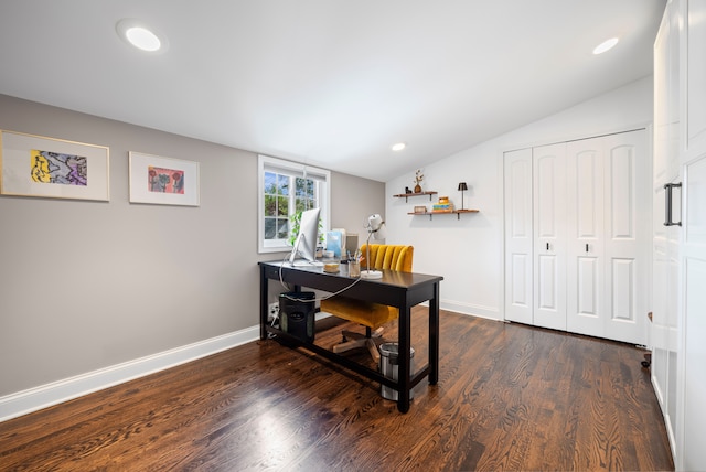 33 Sylvan Ave, Pleasant Ridge, MI 48069 - home office featuring vaulted ceiling, baseboards, dark wood-style floors, and recessed lighting