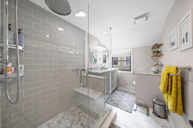 33 Sylvan Ave, Pleasant Ridge, MI 48069 - full bath featuring visible vents, baseboards, a shower stall, lofted ceiling, and vanity