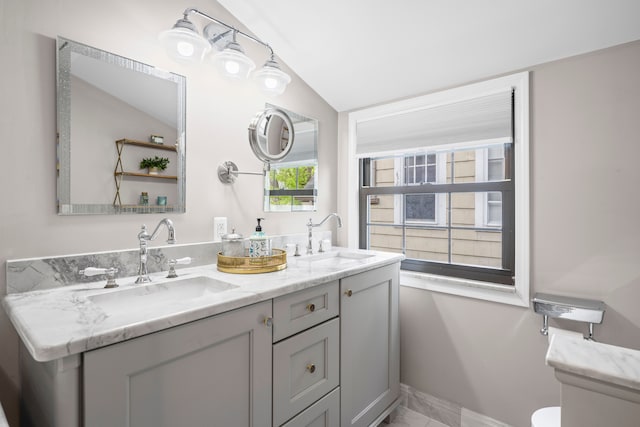 33 Sylvan Ave, Pleasant Ridge, MI 48069 - full bathroom featuring toilet, baseboards, a sink, and vaulted ceiling