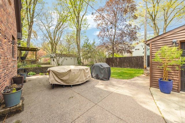 33 Sylvan Ave, Pleasant Ridge, MI 48069 - view of patio with an outdoor structure, a fenced backyard, and grilling area