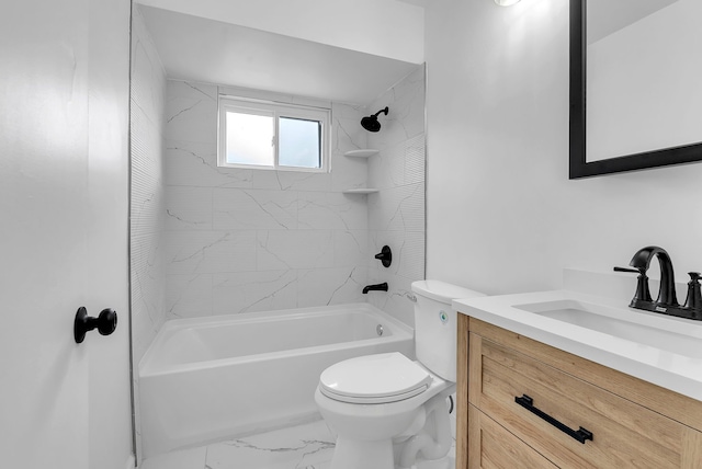 full bath featuring bathing tub / shower combination, toilet, marble finish floor, and vanity