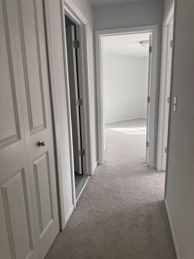 hallway with baseboards and carpet