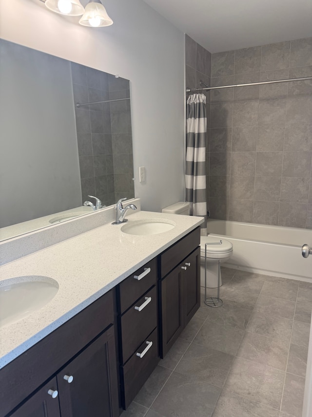 bathroom with a sink, double vanity, and shower / bathtub combination with curtain
