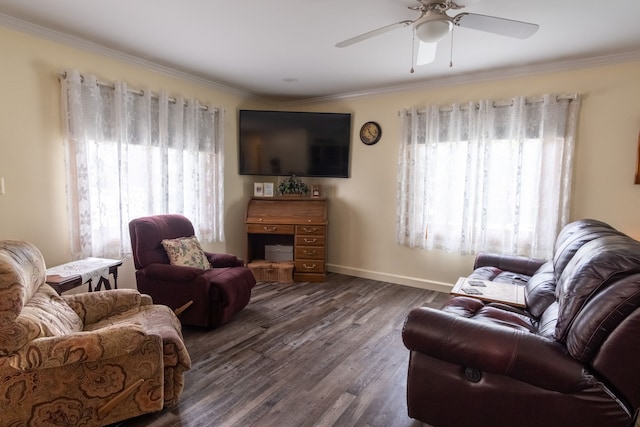 living room featuring ceiling fan, dark wood finished floors, baseboards, and ornamental molding