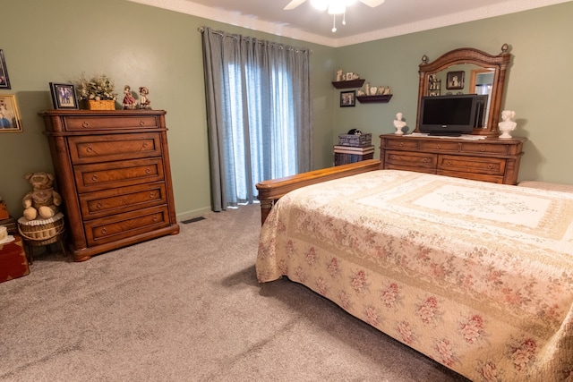 bedroom featuring ceiling fan, carpet, and visible vents