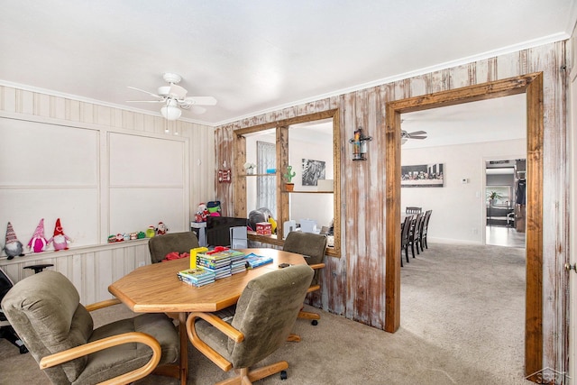 4895 Sycamore Rd, Newport, MI 48166 - dining space with ceiling fan, ornamental molding, carpet flooring, and baseboards