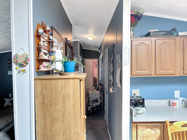 hallway with a textured ceiling and carpet