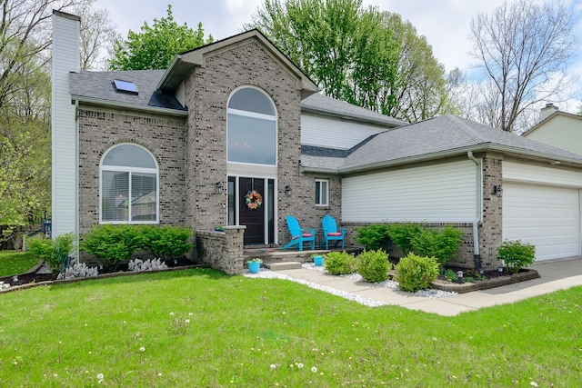 traditional home with brick siding, a front yard, and a chimney