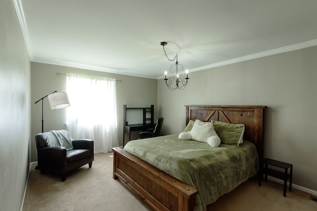 bedroom featuring light carpet, ornamental molding, a chandelier, and baseboards