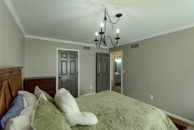 bedroom featuring a chandelier, crown molding, and baseboards