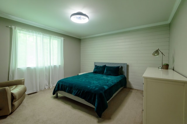 bedroom with light carpet and ornamental molding