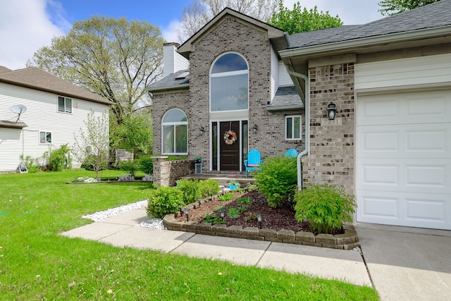 doorway to property featuring a yard, brick siding, and roof with shingles