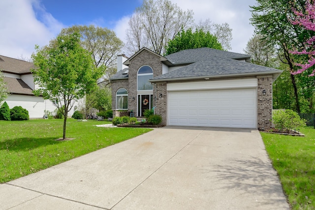 traditional home with brick siding, an attached garage, roof with shingles, and driveway