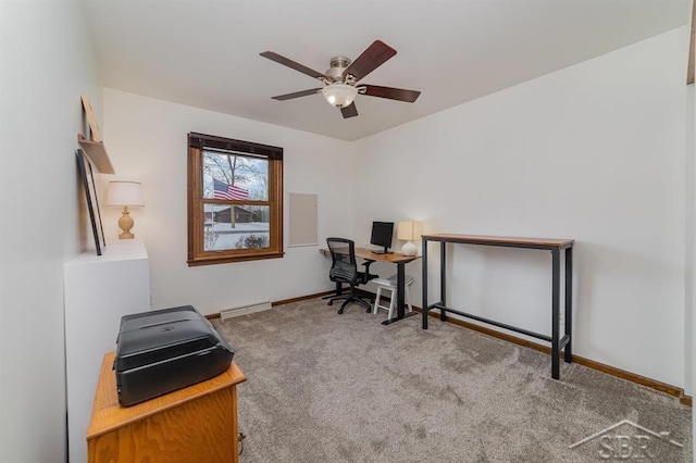 carpeted office space featuring a ceiling fan, baseboards, and visible vents