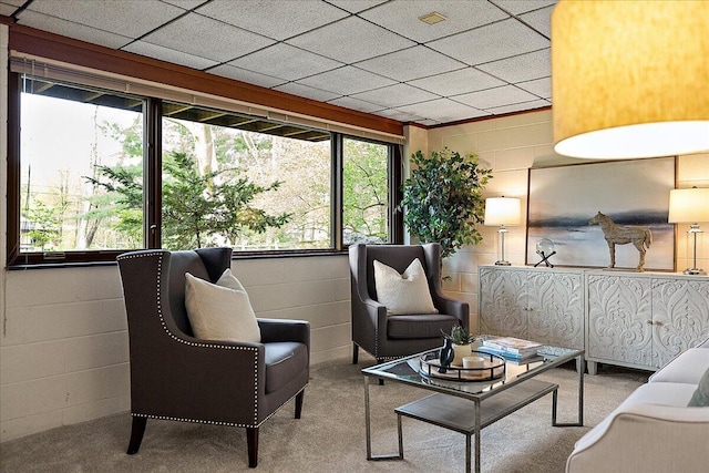 sitting room with concrete block wall