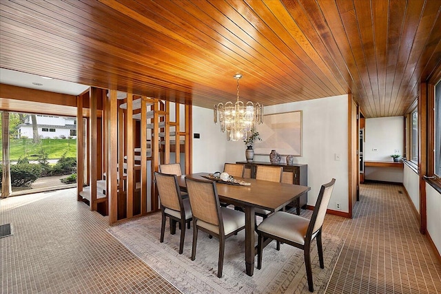 carpeted dining area featuring wooden ceiling, an inviting chandelier, and visible vents