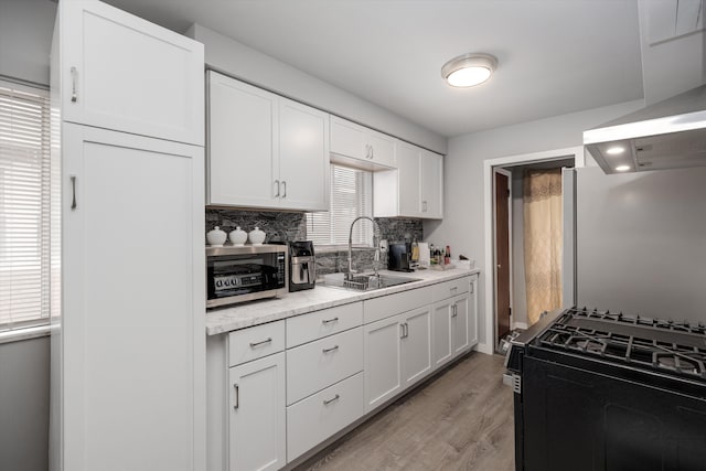 kitchen featuring a sink, stainless steel microwave, exhaust hood, black gas stove, and decorative backsplash