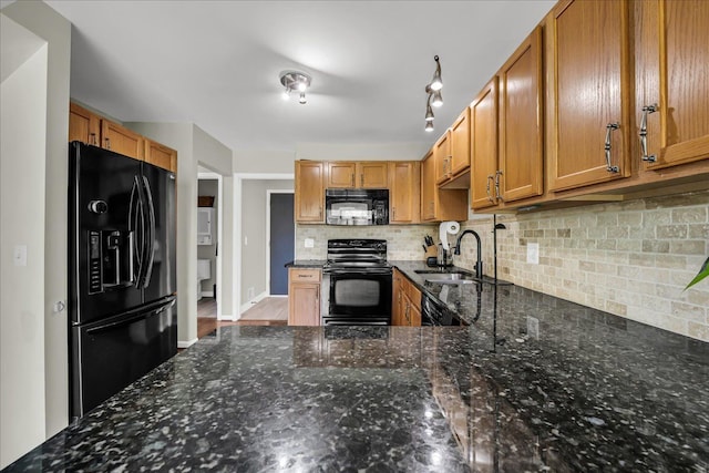 863 Calpernia, Wixom, MI 48393 - kitchen featuring black appliances, a sink, tasteful backsplash, and dark stone countertops