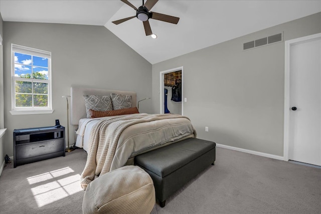 863 Calpernia, Wixom, MI 48393 - bedroom featuring vaulted ceiling, carpet, ceiling fan, baseboards, and a closet
