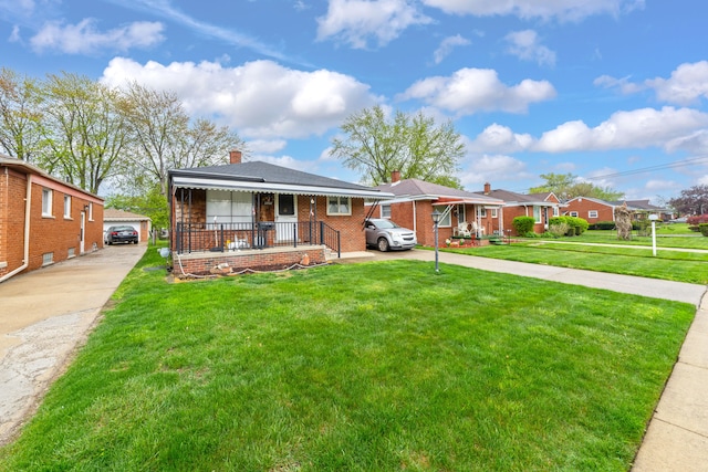 23022 Lexington Ave, Eastpointe, MI 48021 - view of front of house featuring a porch, brick siding, driveway, a front lawn, and a chimney