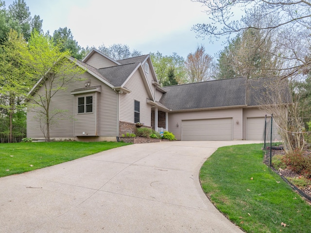 view of front of house featuring an attached garage, a shingled roof, a front yard, brick siding, and driveway