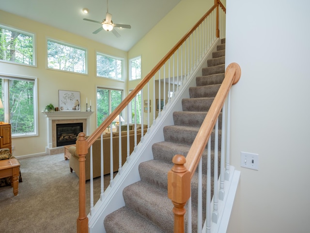 stairs with carpet flooring, a ceiling fan, a high ceiling, baseboards, and a tiled fireplace
