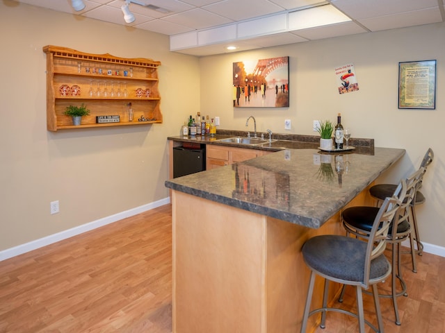 bar with light wood-style flooring, a sink, black dishwasher, baseboards, and wet bar