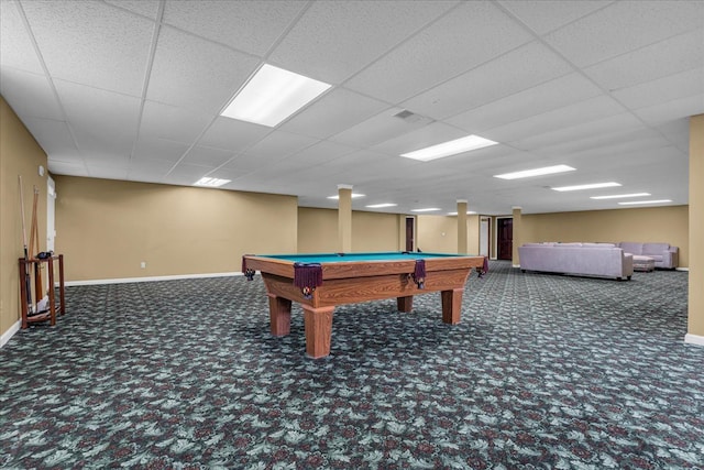 playroom with a paneled ceiling, carpet, baseboards, and visible vents