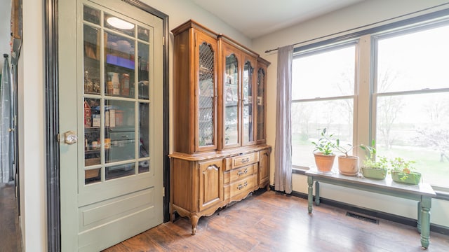 doorway to outside with visible vents and dark wood-style floors