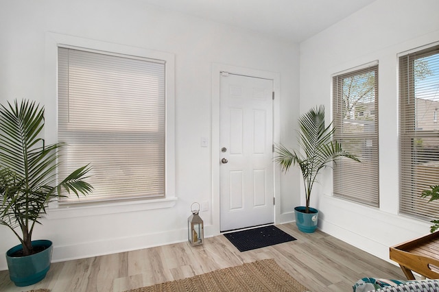 entryway with baseboards and wood finished floors
