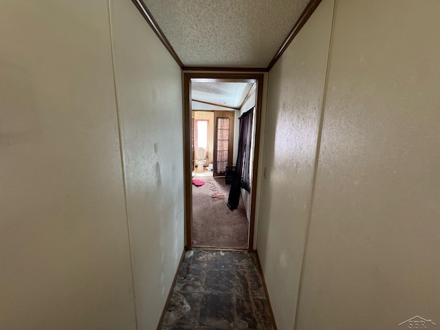 hallway featuring crown molding and a textured ceiling