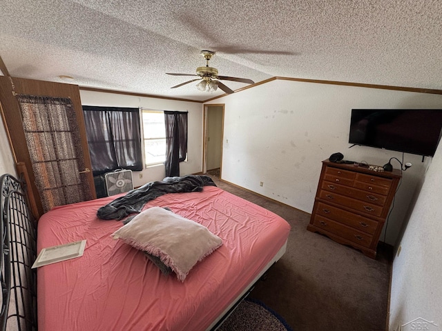 bedroom featuring a textured ceiling, lofted ceiling, ceiling fan, and carpet