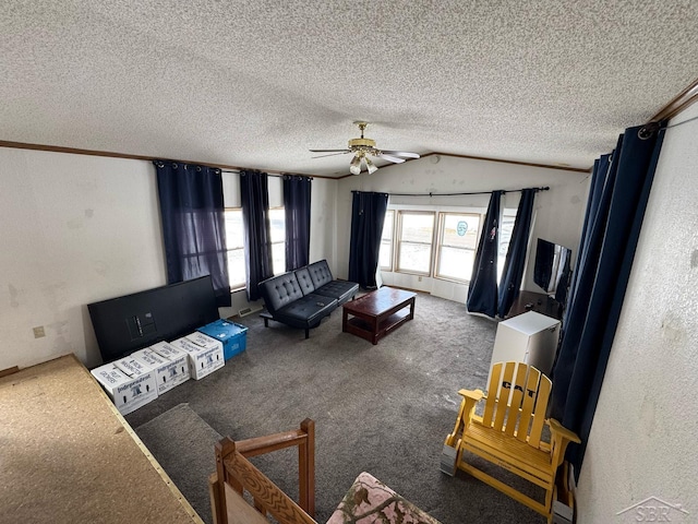 living area featuring lofted ceiling, a ceiling fan, a textured ceiling, carpet, and a textured wall