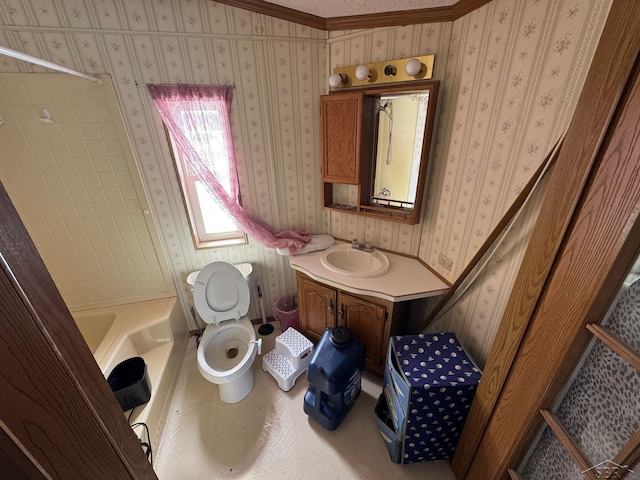 bathroom with wallpapered walls, toilet, tub / shower combination, and vanity