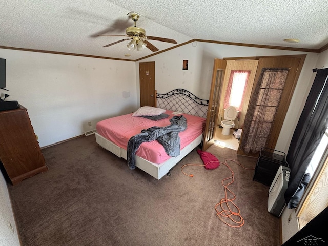bedroom with a textured ceiling, vaulted ceiling, crown molding, ceiling fan, and carpet floors