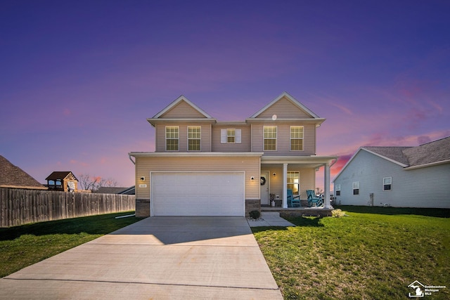 809 Sarah Ln, Milan, MI 48160 - traditional-style house featuring covered porch, an attached garage, fence, a front lawn, and driveway
