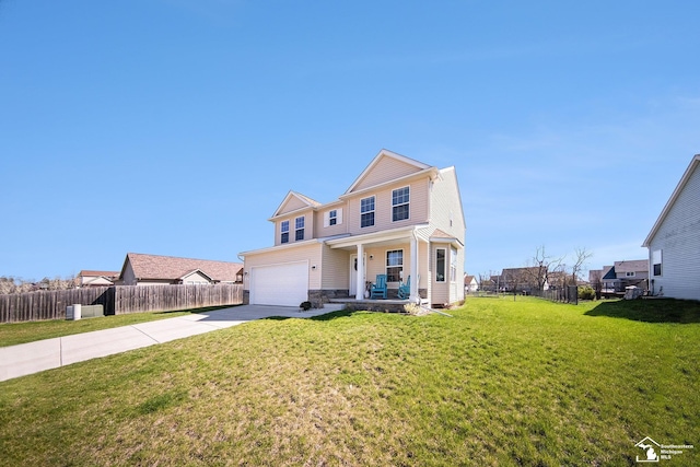809 Sarah Ln, Milan, MI 48160 - traditional home featuring fence, covered porch, an attached garage, concrete driveway, and a front lawn