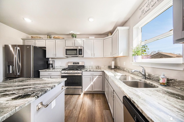 809 Sarah Ln, Milan, MI 48160 - kitchen with light stone countertops, appliances with stainless steel finishes, and a sink