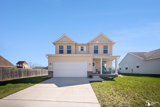 809 Sarah Ln, Milan, MI 48160 - traditional-style house with a porch, fence, concrete driveway, a garage, and a front yard