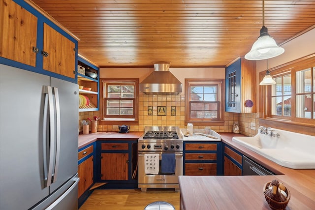 kitchen with appliances with stainless steel finishes, extractor fan, tasteful backsplash, wooden ceiling, and light countertops