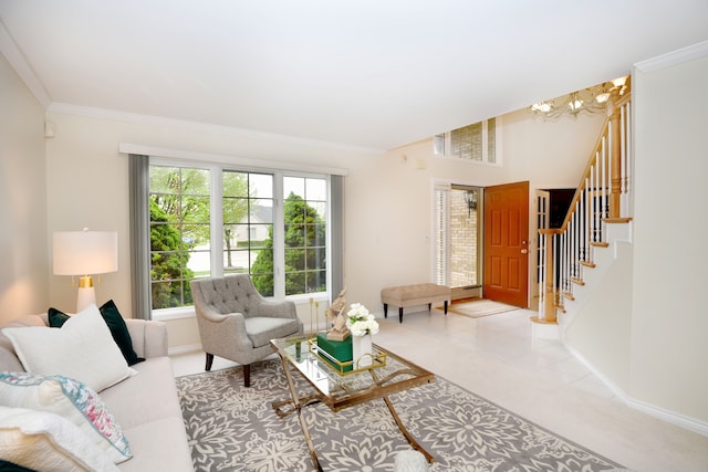 living room featuring ornamental molding, stairs, baseboards, and a chandelier