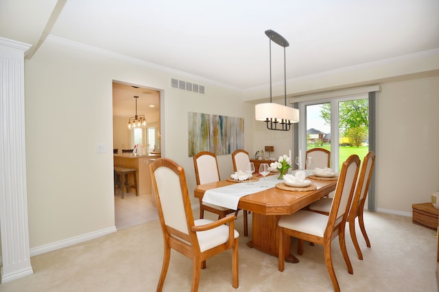 dining area with crown molding, light carpet, visible vents, and a chandelier