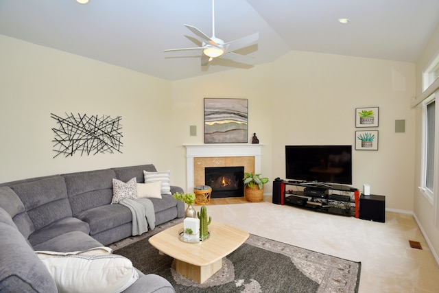 living area with carpet, recessed lighting, vaulted ceiling, a fireplace, and a ceiling fan
