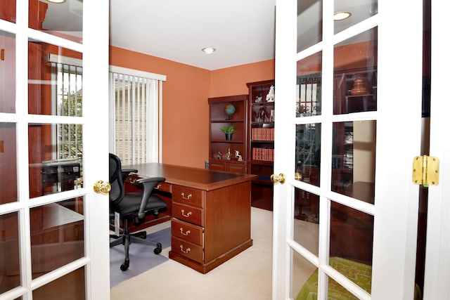 home office with carpet flooring, french doors, and recessed lighting