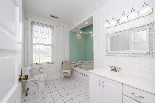 full bath with toilet, tile patterned flooring, visible vents, and wallpapered walls