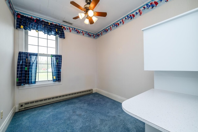 carpeted empty room with ceiling fan, baseboards, visible vents, and a baseboard heating unit